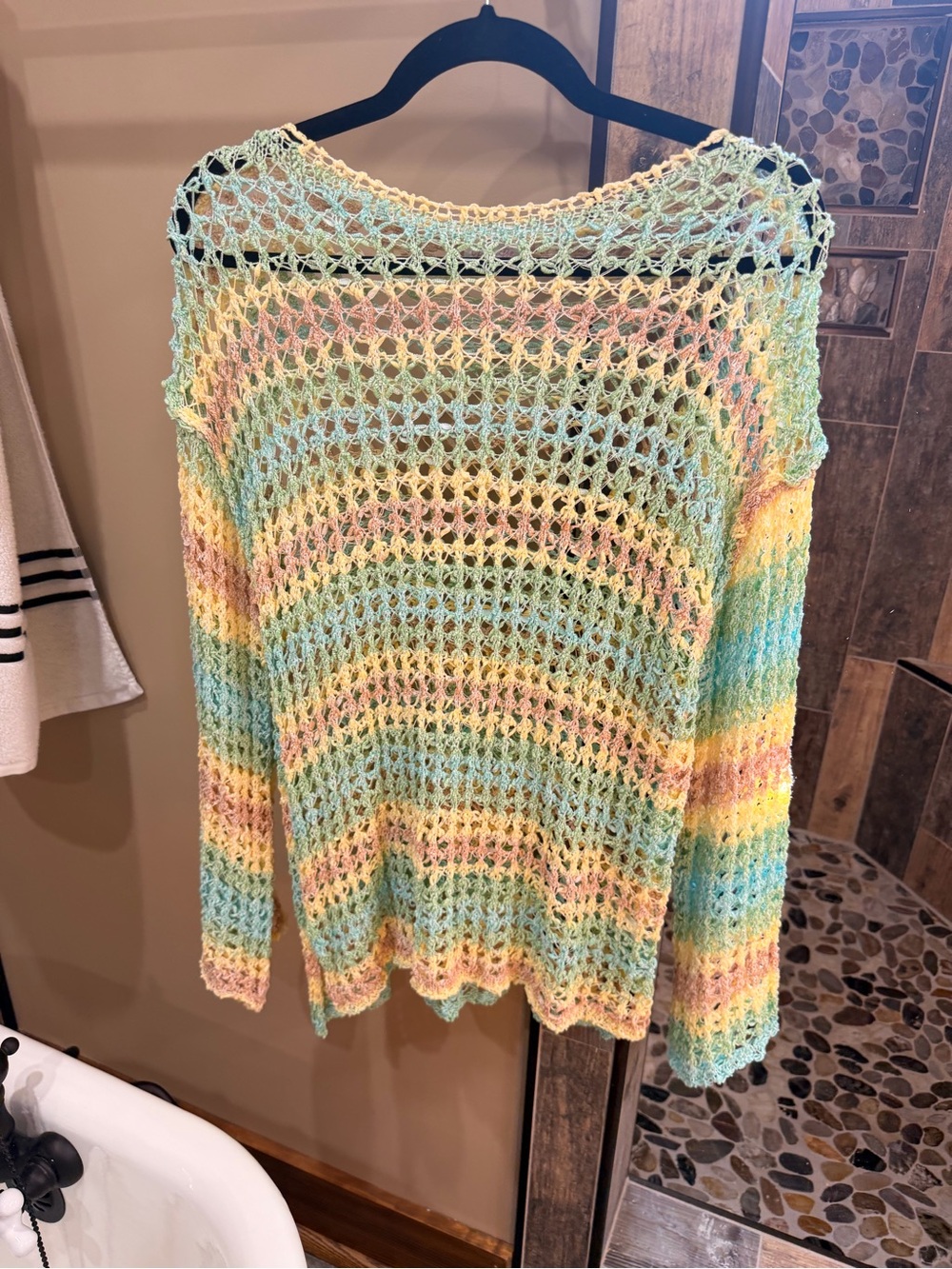 Pink Lily Pastel Crochet Stripe Swim Cover-Up in Yellow, Mint & Pink